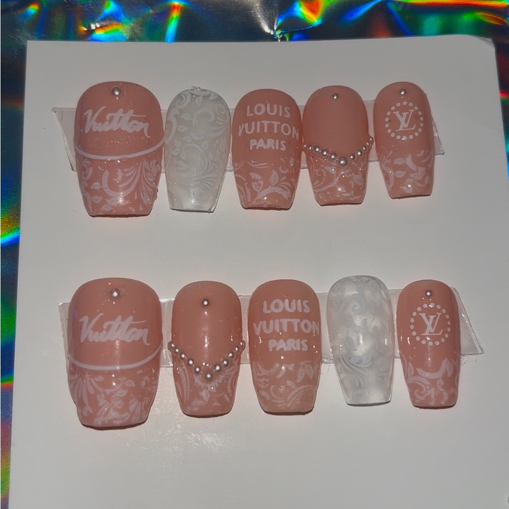 10 PC Hand Crafted Lace White French Nails NWT